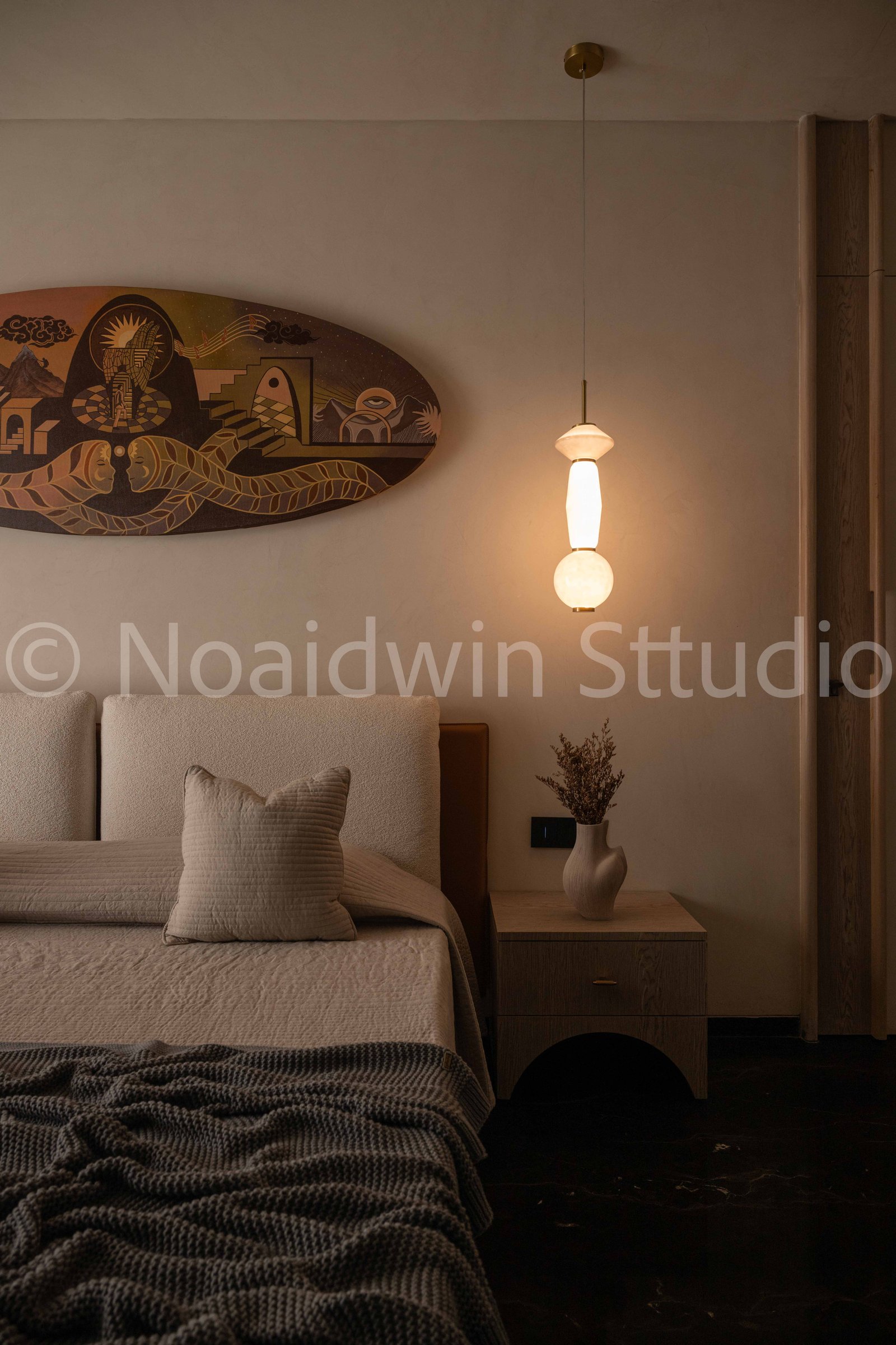 Bedroom interior with the pendant light on