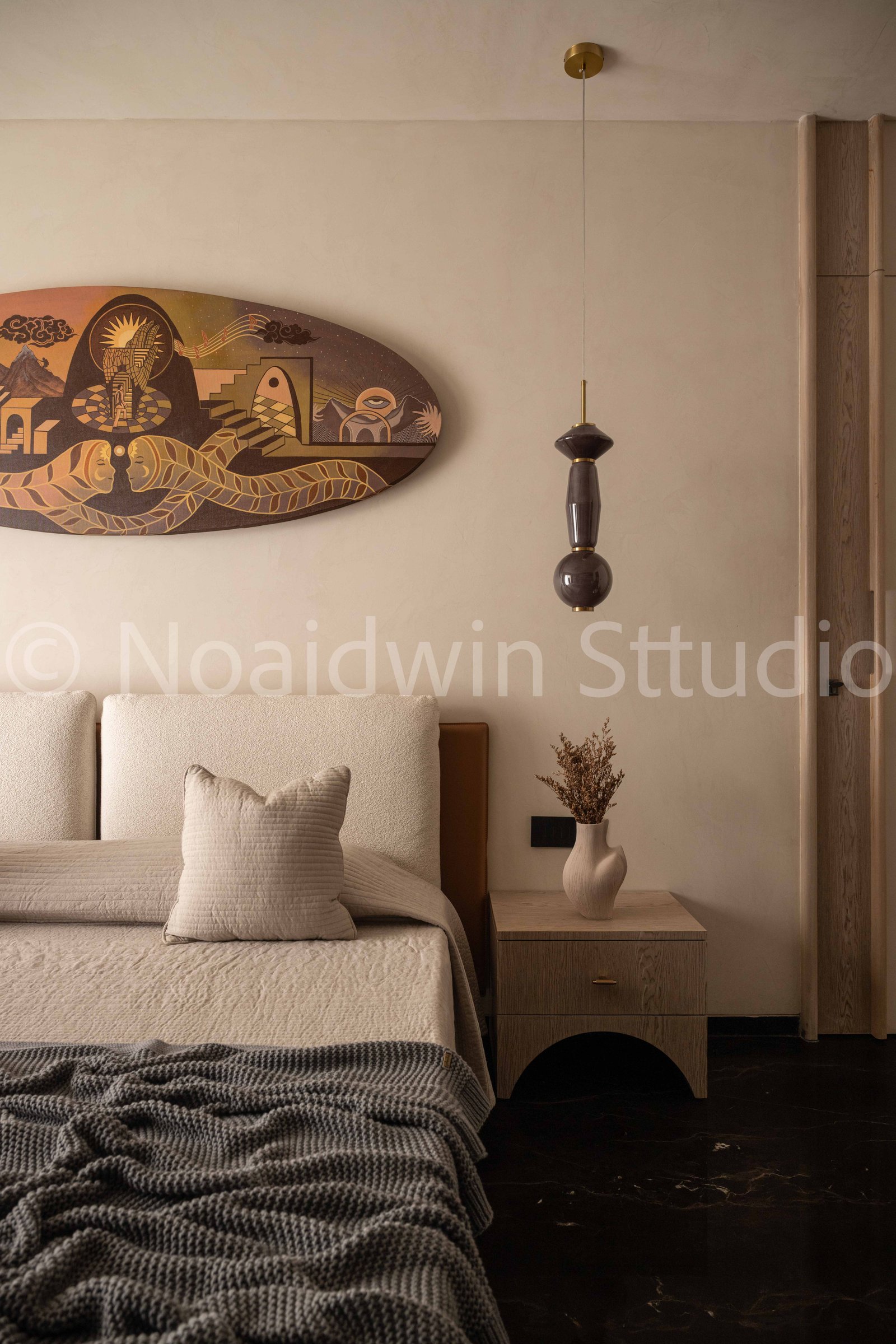 Bedroom interior with the pendant light off